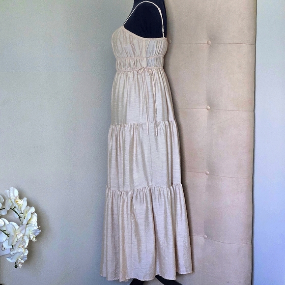 Blu Pepper-Boho Smocked Tiered Maxi Sundress, Champagne, Lined Adjustable Straps - Picture 3 of 10